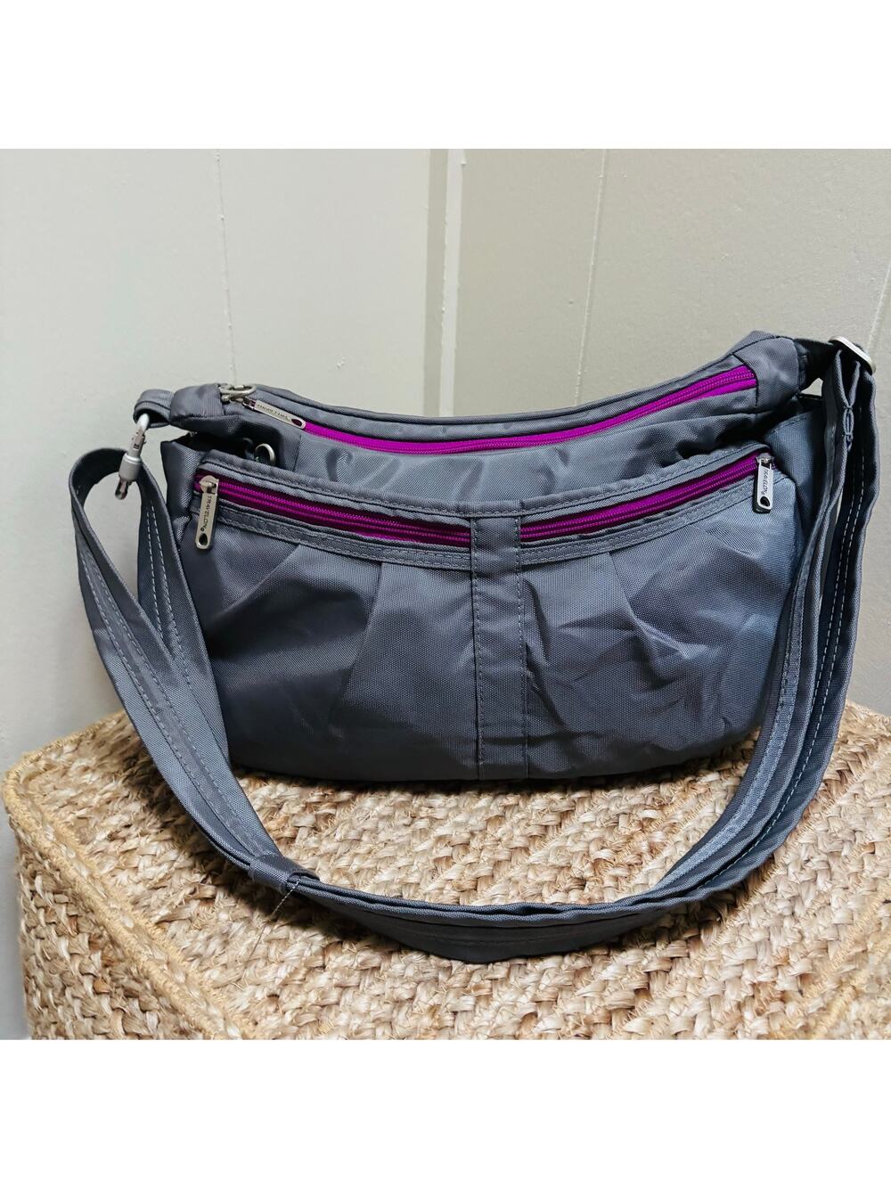 Travelon Gray Anti-Theft Crossbody Bag with Magenta and Gold Lining